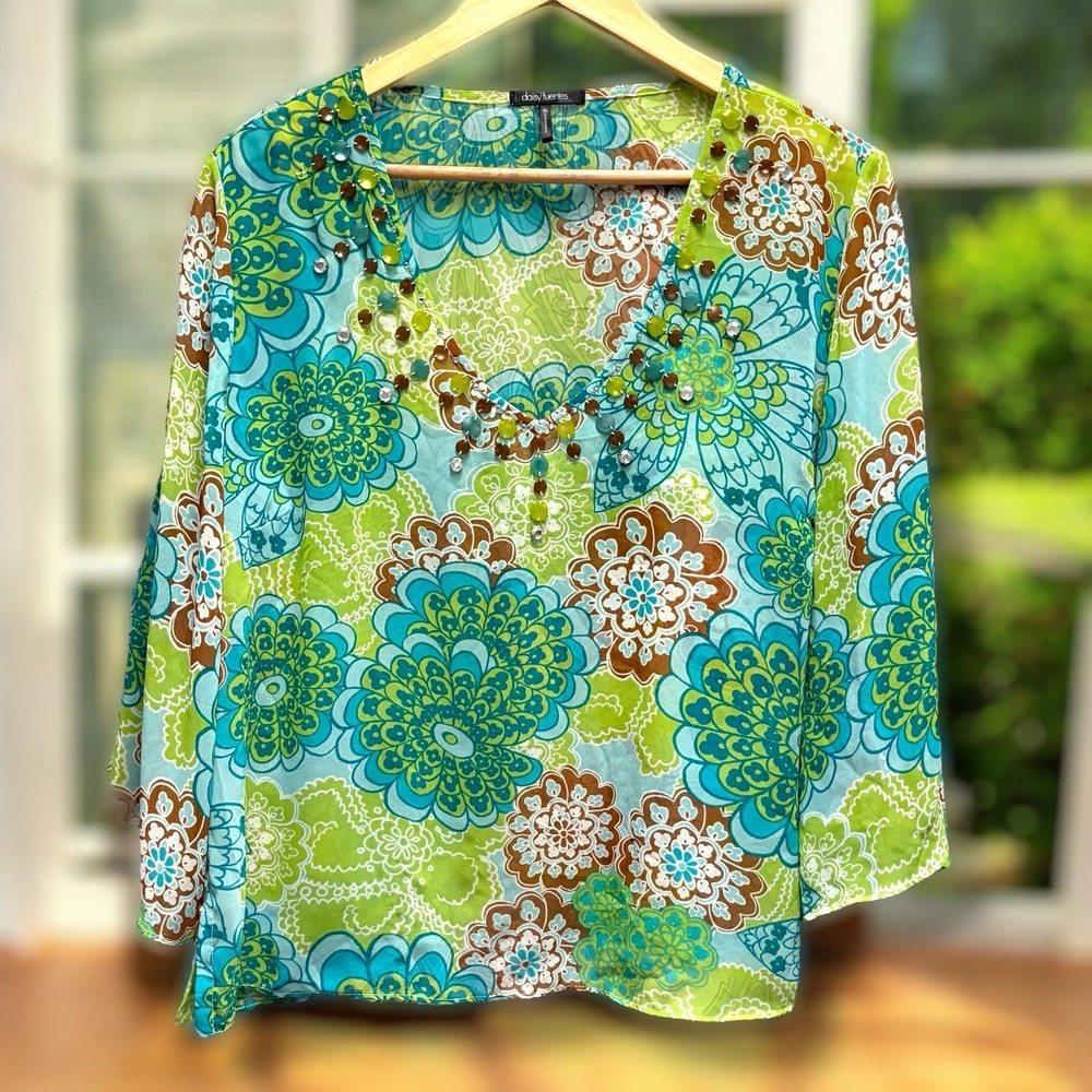 Daisy Fuentes Sheer Embellished Teal Green Women's Top